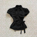 KYLETHOMASW  -  New High Street Temperament Turn Down Collar T Shirts American Vintage Lrregular Lace Up Punk Women Clothes Y2k Thin Blouse