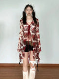 Kylethomasw Vintage Floral Print Blouse Female Gothic Style Red Flare Sleeve Mesh Transparent Shirt Women Slim Emo Lace-up Cardigan