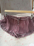 KYLETHOMASW  -  Red Plaid Ruffles Shorts Woman Summer Buttons Bow Elastic Low Waist Cotton Straight Pant Casual Sweet Preppy Style Short Pants