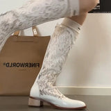 KYLETHOMASW  -  Designer Lace Hollow Out Women Knee High Boots Fashion Skinny Thick Heels Shoes Summers Ladies Breathable Long Booties