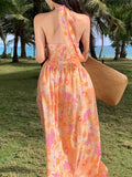 KYLETHOMASW  -  Summer Elegant Casual Women Floral Dress Halter A-Line Beach Holiday Party Long Robe Female Vintage Boho Clothes Vestidos New