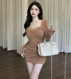 KYLETHOMASW  -  Sweet Hot Girl Retro Fur Patchwork Dress Women's Autumn/Winter Square Collar Ruffled Tight Wrap Hip Dress Fashion Female Clothes