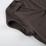 KYLETHOMASW  -  Folds V-neck Top Brown Vintage Slimming Button Short Sleeve T-shirt Casual Basic Streetwear Elegant Cargo Tops Summer
