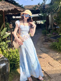 Kylethomasw 2024 Summer Fairy Puff Sleeve Slash Neck Blue Dress Women Elegant 3D Flower Decoration Chiffon High Waist Slim Princess Dresses