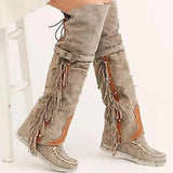 KYLETHOMASW  -  Fashion Bohemia Knee-length Women Boots Ethnic Personality High Boots Tassels Faux Suede Boots Girl Flat Bottom Long Botas Mujer