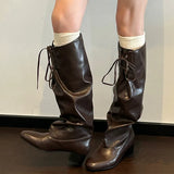 KYLETHOMASW  -  Women High Heels Knee High Boots Designer New Leather Shoes Winter Sexy Chunky Long Boots Lace Up Shoes Chelsea Botas Woman