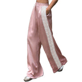 KYLETHOMASW  -  Women Satin Silk Lace Trim Pants Y2k High Street Elastic Waist Wide Leg Pj Lounge Boxer Bottoms Trendy Causal Trousers