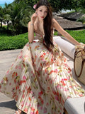 KYLETHOMASW  -  Elegant Floral Print Long Dresses for Women Sexy Backless Lace-up Party Dress Summer Holiday Beach Pleated A-line Vestidos Robe