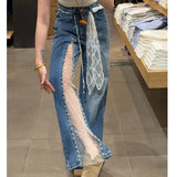 KYLETHOMASW  -  Women Jeans Pants Baggy Jeans Flare Trousers Lace Applique Crystal Wide Leg Jeans Pearl Slit Distressed Design Denim Pants