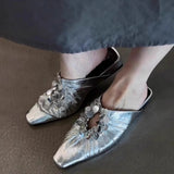 KYLETHOMASW  -  Women Mules Shoes Bling Flats Square Toe Slippers Elegant New Summer Sandals Dress Party Luxury Woman Slingback Shoes Mujer