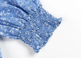 KYLETHOMASW  -  Retro French Style Blue Floral Print Square Collar Dress Puff Sleeve Elastic Ruched Chest Woman Dresses Holiday Robe Female
