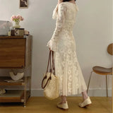 KYLETHOMASW  -  Flowers Mermaid Dresses for Women Flare Sleeve Korean Fashion Long Dress Spring Autumn Elegant Vestidos Mujer