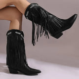 KYLETHOMASW  -  Women Fringe Western Boots Pink Sweet Embroidered Boots Brown Tassels Block Medium Heels Shoes Plus Size 48 Lady Winter