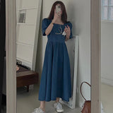 KYLETHOMASW  -  Korean Chic Summer Square Neck Back Zipper Waist Bubble Sleeve Denim Dress Women Beautiful Robe