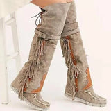 KYLETHOMASW  -  Fashion Bohemia Knee-length Women Boots Ethnic Personality High Boots Tassels Faux Suede Boots Girl Flat Bottom Long Botas Mujer