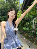 KYLETHOMASW  -  Women Summer Halter Neck Sleeveless Backless Blouse Top Lace Trim Boho Peplum Camisole Elegant Holiday Beachwear Korean Style