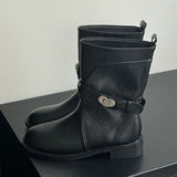 KYLETHOMASW  -  Autumn Retro Chunky Heels Ankle Boots for Women Fashion Belt Buckle Design Cowboy Boot Round Toe Comfortable Woman Shoes