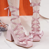 KYLETHOMASW  -  Sweet Cross Strap Ballet Style High Heels Women Spring Autumn Women Shoes Elegant Square Toe Satin Lolita Pumps Single Shoes