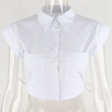 Kylethomasw  -  White Single Breasted Lapel Tops Sumemr Casual Crop Tops Patchwork Short Sleeve Bottoming Skinny Batwing Sleeve Backless Tees