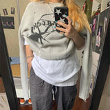 KYLETHOMASW  -  American Vintage Loose Hollow Out Knitwear Street Lazy Hiphop Printed Long Sleeve Pullover O Neck Ripped Solid Classic Sweater