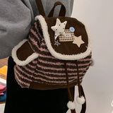 KYLETHOMASW  -  Patchwork Fur Striped Star Mini Backpack Preppy Women Kawaii Fluffy Students Schoolbags Y2k Harajuku Contrast Color Backpacks