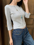 KYLETHOMASW  -  Solid Basic Three Quarter Sleeve T-shirts Woman Autumn Slash Neck Cotton Slim Crop Top Female Casual Simple All-match Tee Shirts