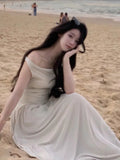 KYLETHOMASW  -  Casual White Solid Long Dresses Fairycore Slash Neck Inclined Shoulder Vestidos Summer Lace-up Ruched Trumpet Womens Dress