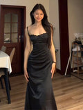 KYLETHOMASW  -  Black Strap Elegant Dress Women Black Satin Sleeveless Dress Elegant Lace Detail for Evening Gown Look and Formal Wear 2025 New