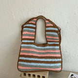 KYLETHOMASW  -  Retro Contrasting Striped Straw Woven Shoulder Bag Hand Crocheted Large Capacity Bag Casual Beach Vacation Hand-held Straw Bag
