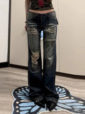 KYLETHOMASW  -  Women Punk Y2K Streetwear Jeans Rivet Ripped Distressed Straight Micro Flare Long Denim Trousers Loose Casual Ladies Pants