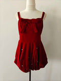 KYLETHOMASW  -  French Elegant Christmas Red Velvet Short Strap Dress Women Autumn New Bow A-line Dot Bubble Dress Female Clothes