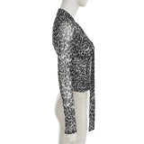 KYLETHOMASW  -  Printed irregular low cut scarf tie T-shirt pure desire style thin mesh top with breasted mesh