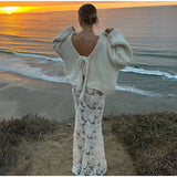 KYLETHOMASW  -  Cream Chunky Knit Loose Sweater Bow Tie Backless Lantern Sleeve 2025 Autumn Fashion Sweet Lady Top Holiday Elegant Chic Cardigan