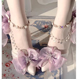 KYLETHOMASW  -  Red Bow-Knot Chain Pearl Ankle Strap Stiletto Lolita Wedding Shoes Woman Summer Pointed Toe High Heels Sandals Party Shoes