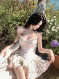 KYLETHOMASW  -  Seaside Vacation Style High Waist Slimming Suspender Dress Sweet Beautiful Woman Pure Lace Splicing Puffy Short Dresses