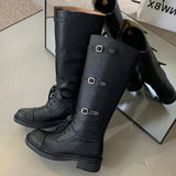 KYLETHOMASW  -  Autumn Winter Vintage Round Toe Women Knee-High Boots Designer Cross-tied Buckle Strap Square Low Heels Long Booties