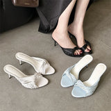KYLETHOMASW  -  Elegant Women Thin Strap Kitten Heel Mules Open Toe Slip on Sandals Black White Blue Casual Summer Party Slides Shoes
