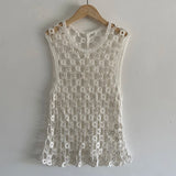 KYLETHOMASW  -  Minimalist Style Women's Cotton Crochet Knit Vest Hollow Out Embellished Sleeveless Casual Summer Loose Top
