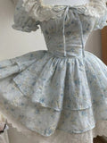 KYLETHOMASW  -  Vintage Lace Patchwork Square Collar Print Dress Women Y2k Aesthetic Puff Sleeve Fairy Dresses Kawaii Girl Ruffled Mini Vestidos