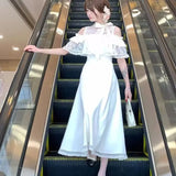 KYLETHOMASW  -  Lace Sweet Cloak Design White Dress Summer New Off Shoulder Bow Short Sleeve Waist Slimming A-line Long Dress for Women
