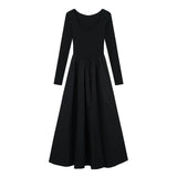 KIylethomasw Solid Pleated Dress Women Autumn Elegant Long Sleeve Vintage Ladies Party Daily Square Neck Dresses Female Clothing Chic Simple