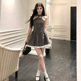 KYLETHOMASW  -  Bow Printed Halter Neck Dress Women's Summer Strapless Slim Fit A-line Short Dress Fashion Female Clothes