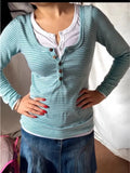 KYLETHOMASW  -  New American Retro Y2k Hot Subculture Striped Slim Antique Long-sleeved Base Fake Two-piece T-shirt Top For Women
