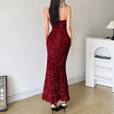 KYLETHOMASW  -  Sexy Sequined Velvet Mermaid Long Dress Party Evening Clubwear Korean Style Elegant V-neck Sleeveless Maxi Dresses New