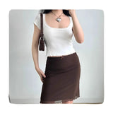 KYLETHOMASW  -  Y2K Lace Mesh Short Skirt Women Retro Solid Color Summer Bag Hip Slimming Coffee Sexy