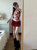 KYLETHOMASW  -  Women Y2K Two Piece Set Butterfly Print Tube Top and Knitted Side Tie Mini Skirt Slim Fit Suit Sexy Club Summer Street Outfit