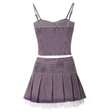 KYLTHOMASW  -  Sweet Hot Girl Denim Suit Women's Summer Pink Purple Lace Patchwork Camisole Pearl Pleated Skirt Two-piece Set Female Clothes