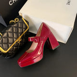 KYLETHOMASW  -  Red Patent Leather Mary Jane Pumps for Women Strap Buckle Chunky High Heels Shoes Woman Platform Pump Burgundy Party 43