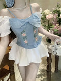 KYLETHOMASW  -  New Heavy-industrial Denim Design Three-dimensional Embroidered Sweet Suspender Slim Top