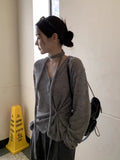 KYLETHOMASW  -   South Korea Chic Cardigan Simple Temperament V-neck Neck Irregular Buckle Waist Slimming Tops Long Sleeve Women Sweater